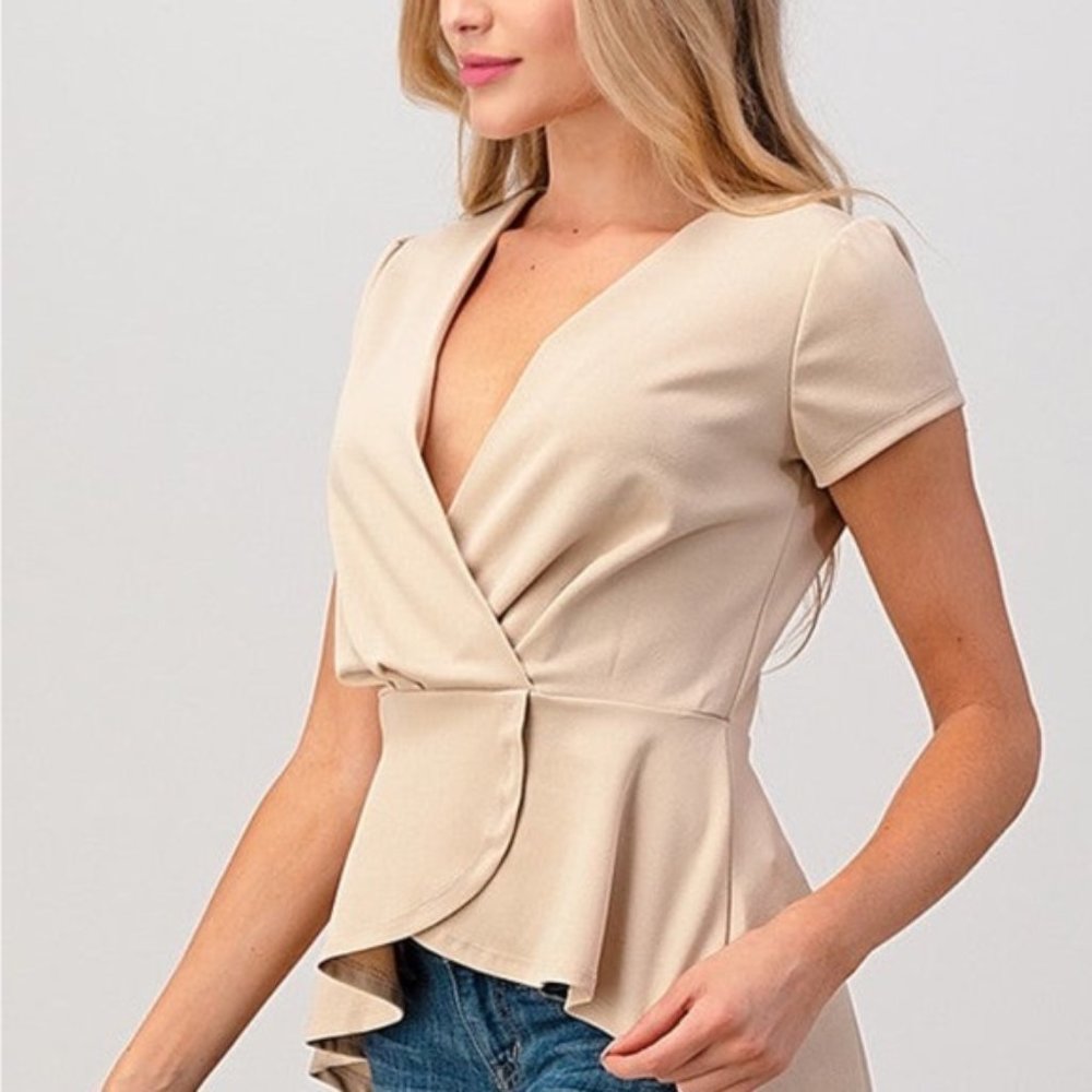 Beige Short Sleeve Blouse - Picture 2 of 4
